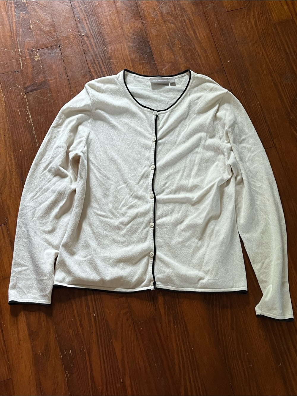 Classic Cream Long-Sleeve Cardigan with Black Trim